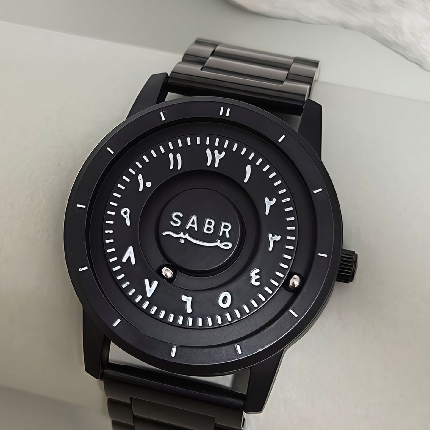 Sabr watch by SmartMuslim, black stainless steel Islamic wristwatch with Arabic numerals