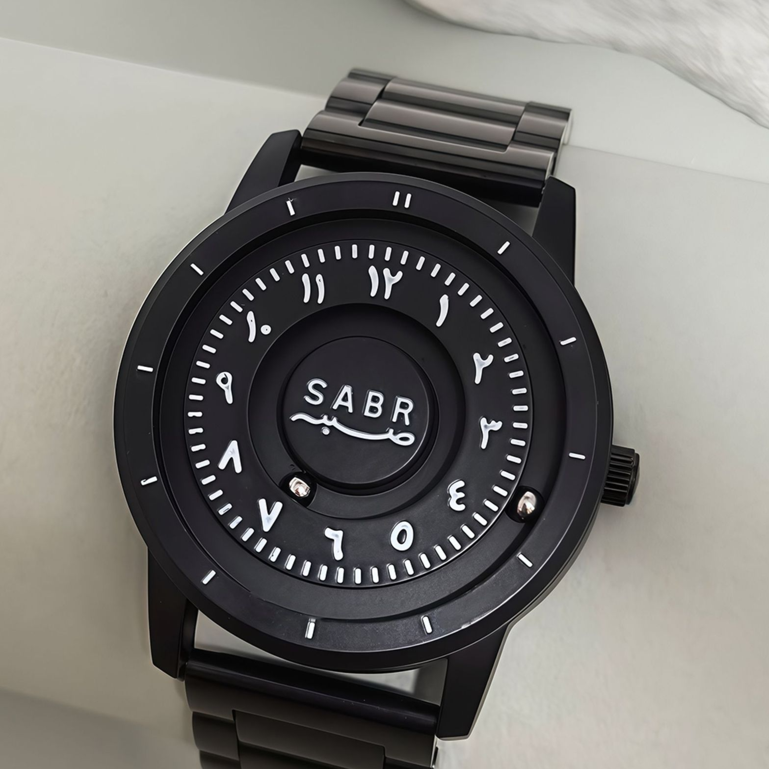 Sabr watch by SmartMuslim, black stainless steel Islamic wristwatch with Arabic numerals
