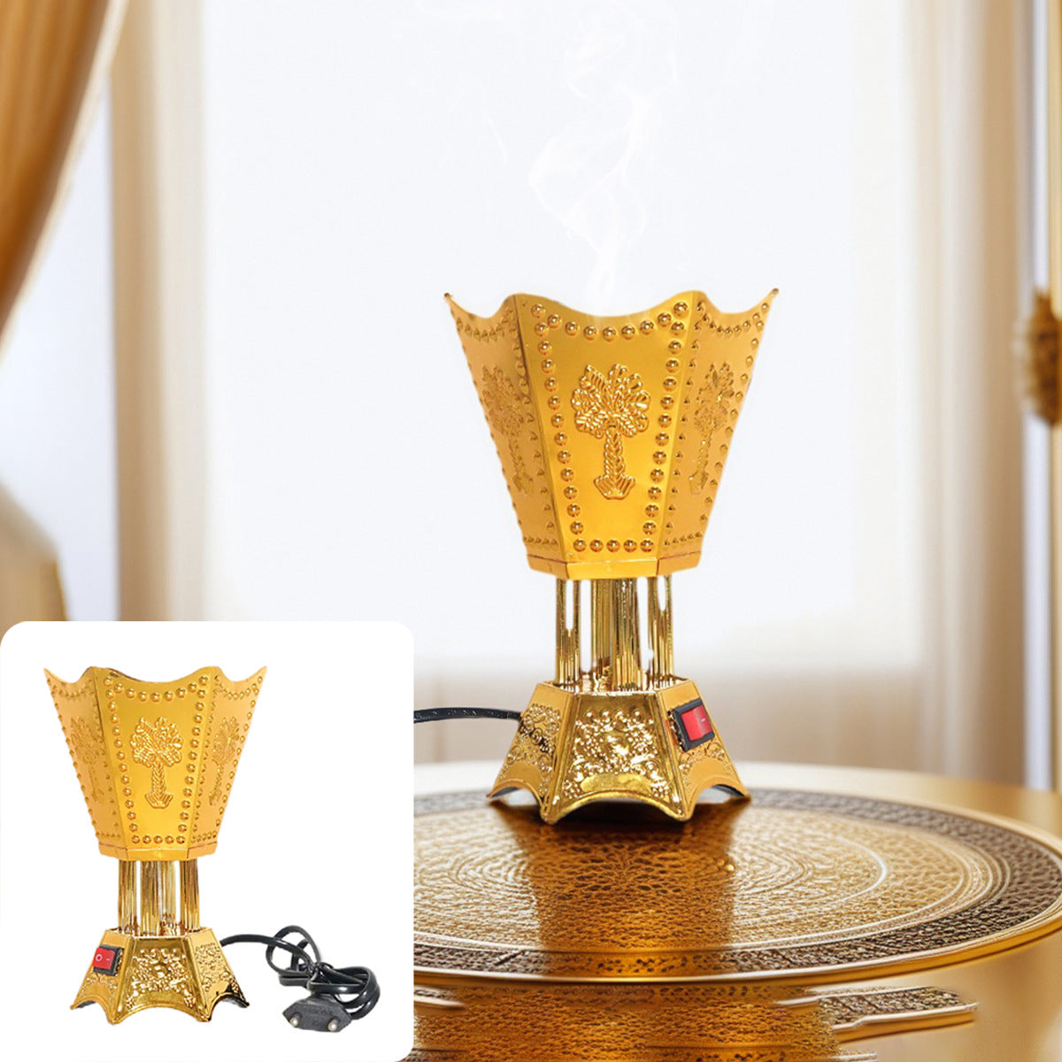 Premium plug-in bakhoor burner by SmartMuslim in gold with ornate floral panels