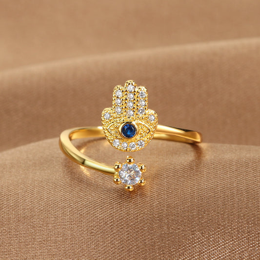 Evil Eye Protection Ring, gold Islamic ring by SmartMuslim with blue center stone and diamond accents