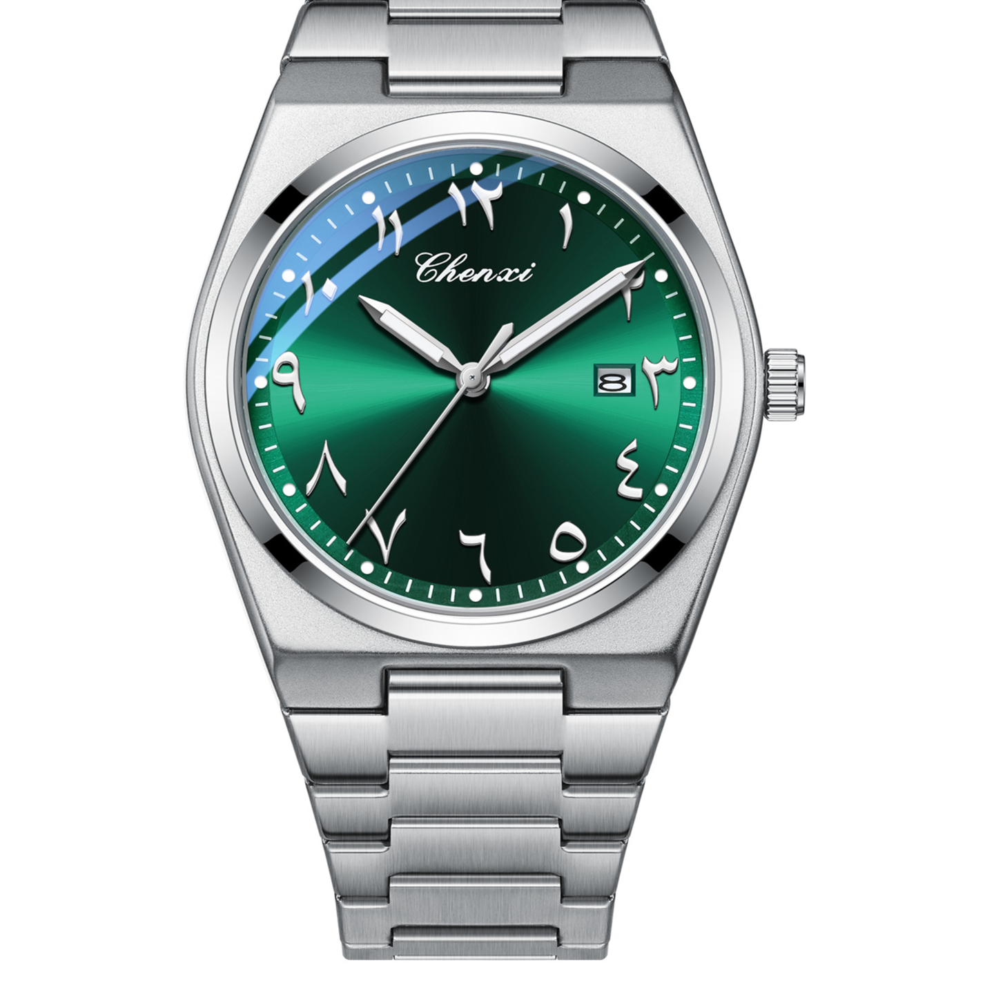 Arabic Classic Watch by Chenzi, stainless steel Islamic watch with a green gradient dial and date window