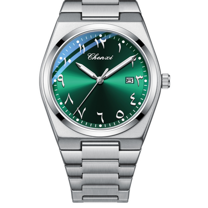 Arabic Classic Watch by Chenzi, stainless steel Islamic watch with a green gradient dial and date window
