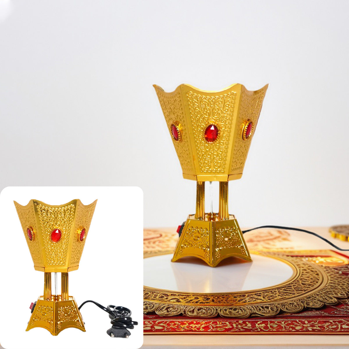 Premium plug-in bakhoor burner by SmartMuslim, gold ornate electric incense burner with red gems.