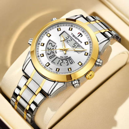 Muslim Watch by SmartMuslim with gold-tone bezel and silver stainless-steel bracelet, waterproof.