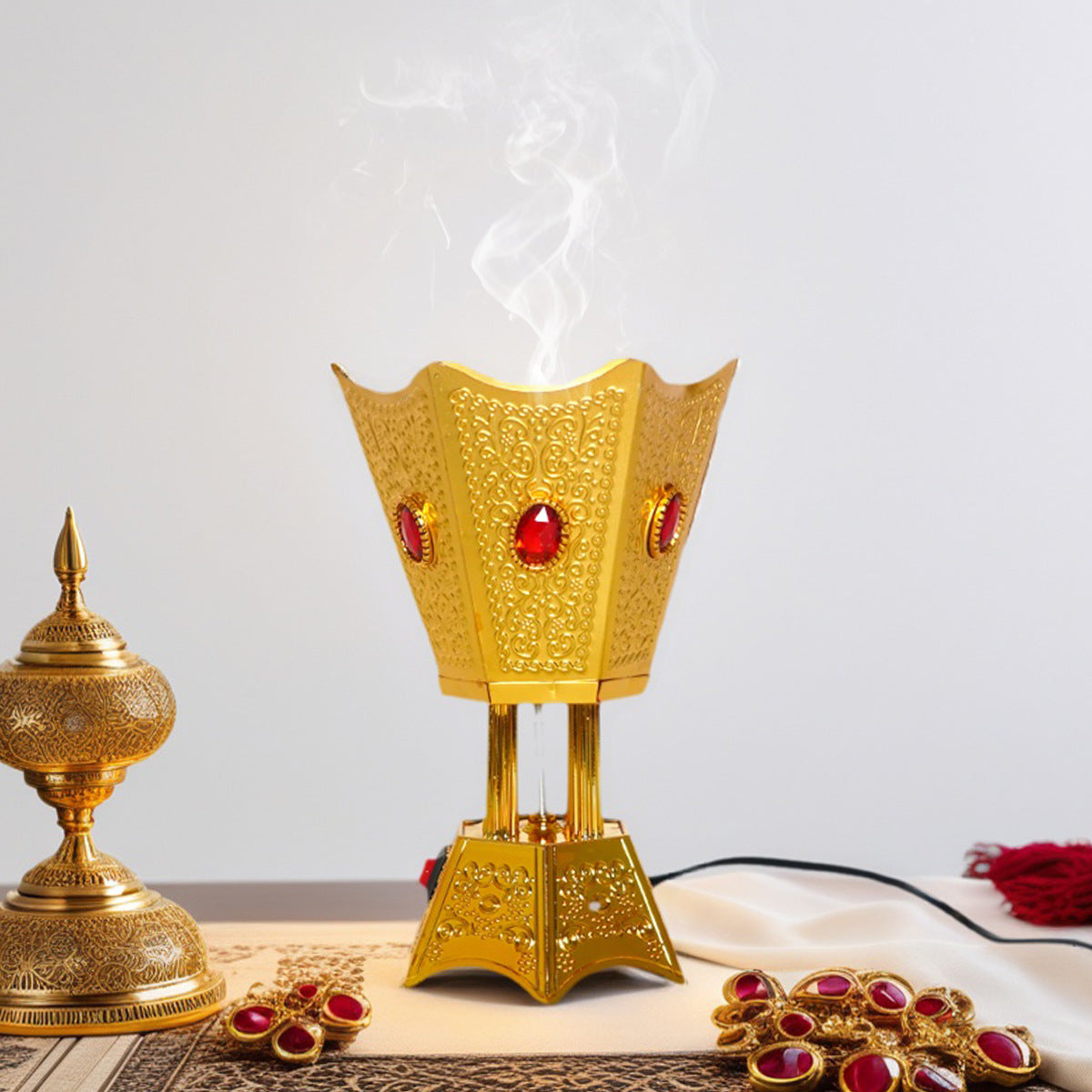 Premium Plug-in Bakhoor Burner by SmartMuslim, gold-toned electric incense burner with red gems