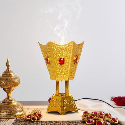 Premium Plug-in Bakhoor Burner by SmartMuslim, gold-toned electric incense burner with red gems