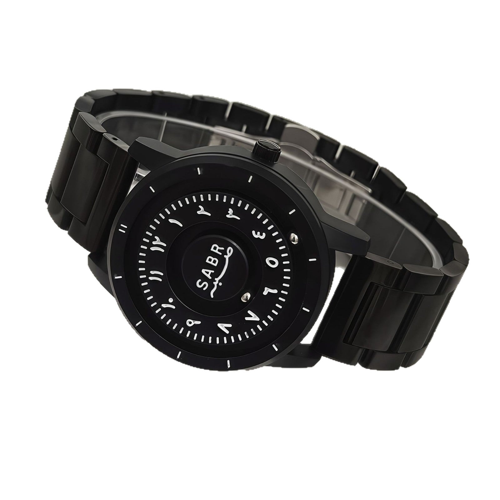 Sabr Watch by SmartMuslim; black stainless steel Islamic watch with round dial and white markers