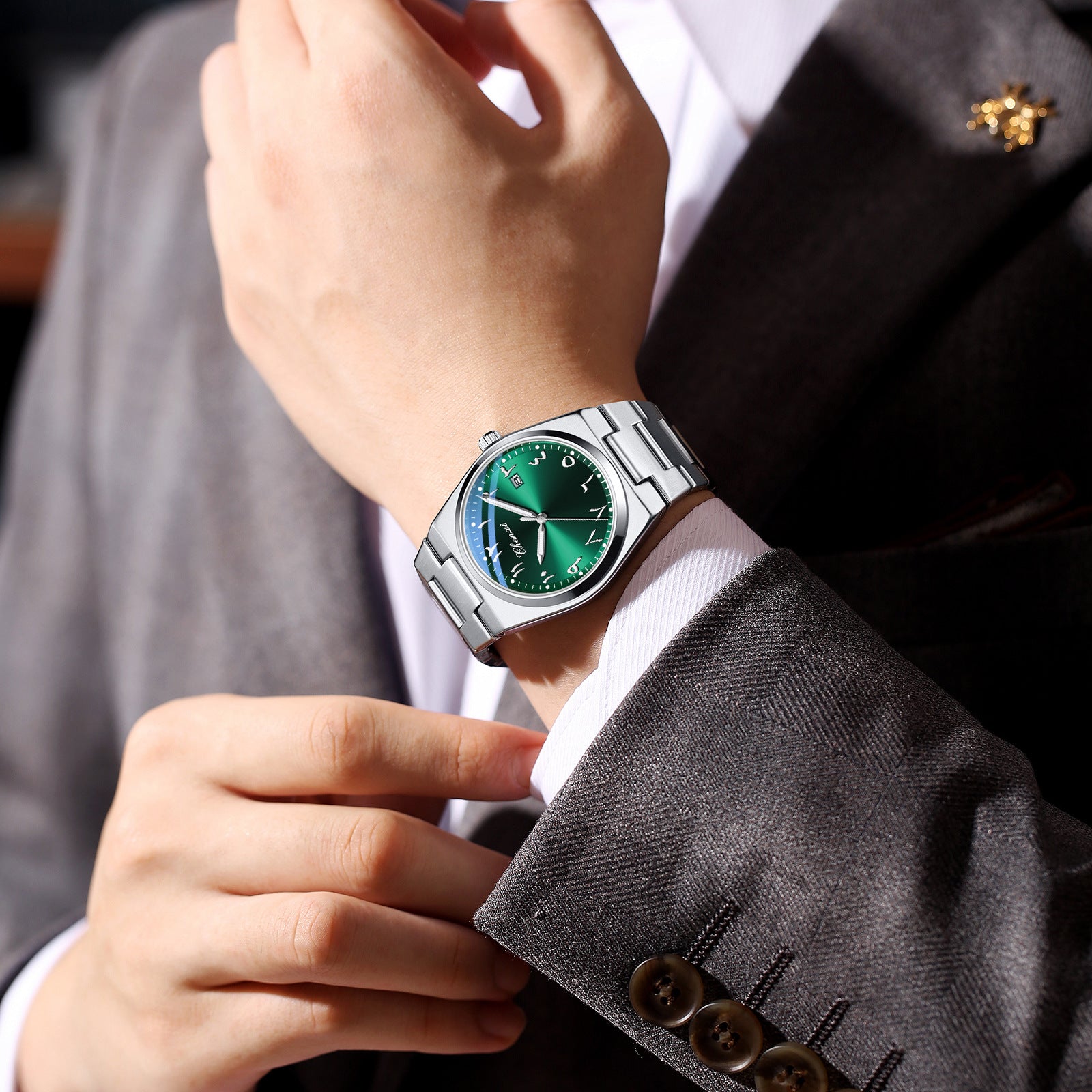 Arabic Classic Watch, Islamic watch by SmartMuslim; green dial and stainless steel band