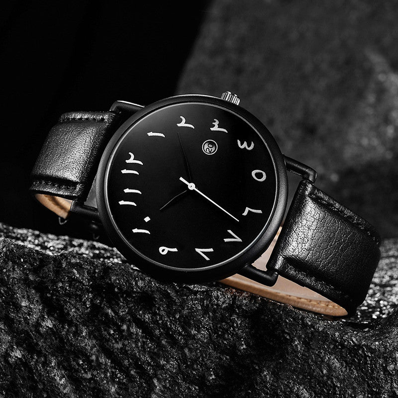 Men's watch with Arabic dial, black face and black leather strap, SmartMuslim Islamic watch