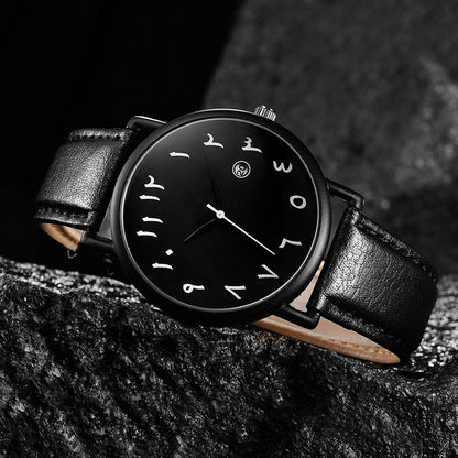 Men's watch with Arabic dial, black face and black leather strap, SmartMuslim Islamic watch