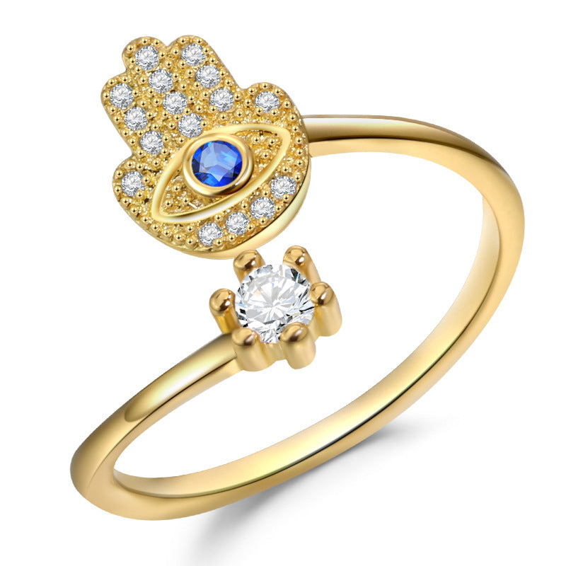 SmartMuslim Evil Eye Protection Ring, gold-tone Islamic ring with blue eye centerpiece and pavé diamond accents