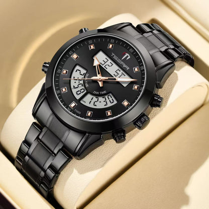 Muslim Watch by SmartMuslim, black stainless steel bracelet with analog and digital displays, waterproof.