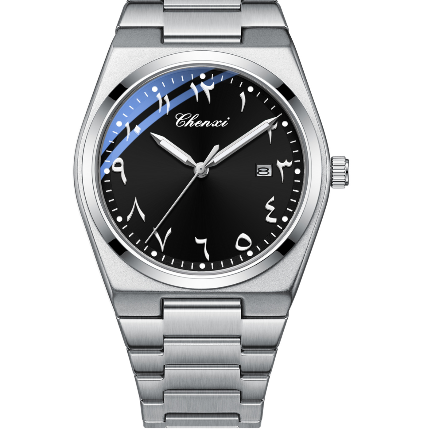 Arabic Classic Watch with black dial, silver stainless steel bracelet, blue arc accent, Chenxi logo, date window
