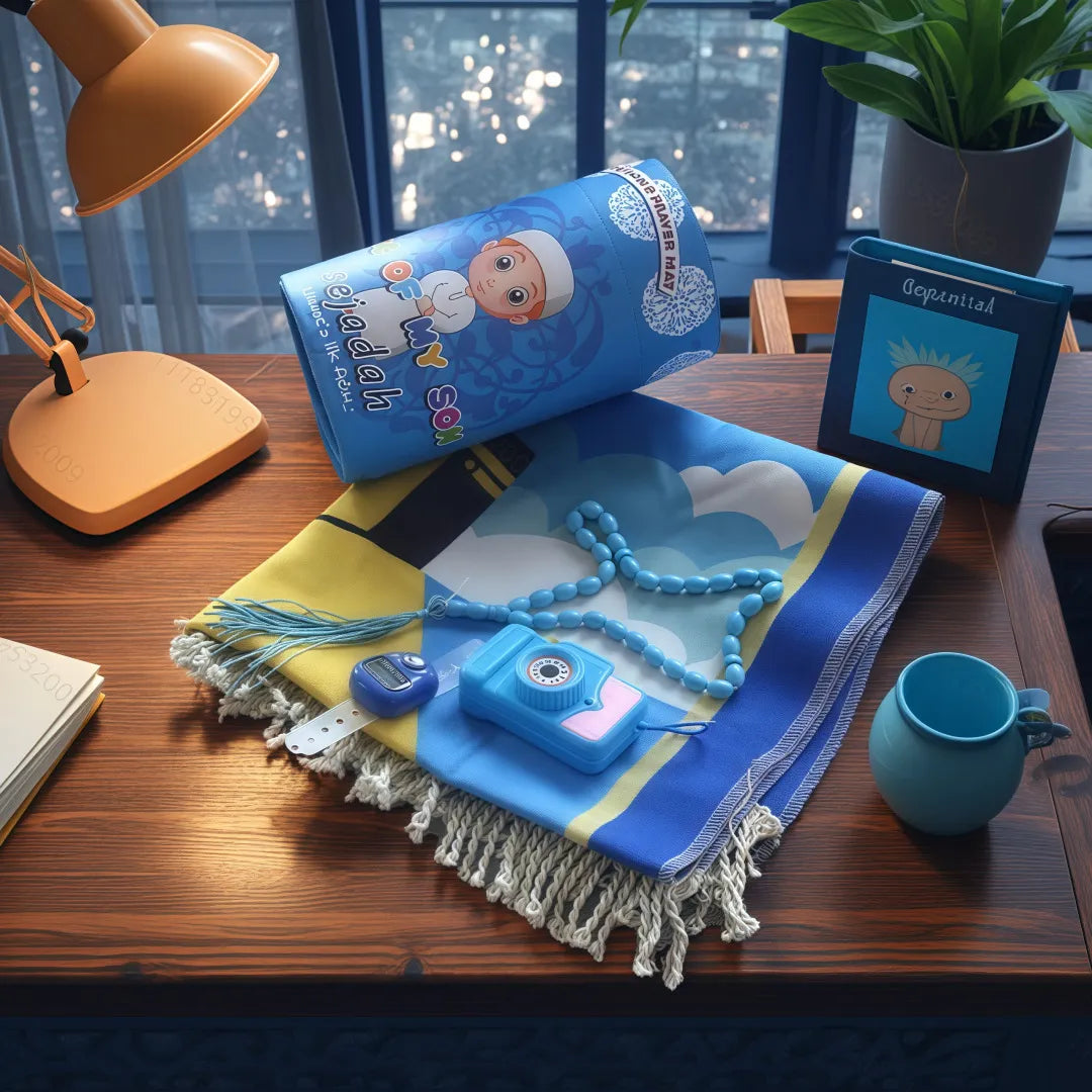 Little Muslim Starter Set for kids, three-piece blue kit with tasbih beads, timer, and prayer cloth (SmartMuslim).