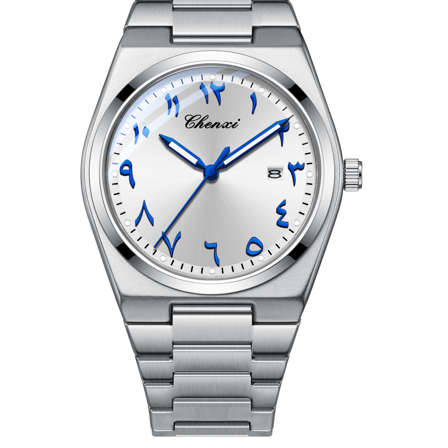 SmartMuslim Arabic Classic Watch, stainless steel bracelet with a silver dial, blue Arabic numerals and date window.