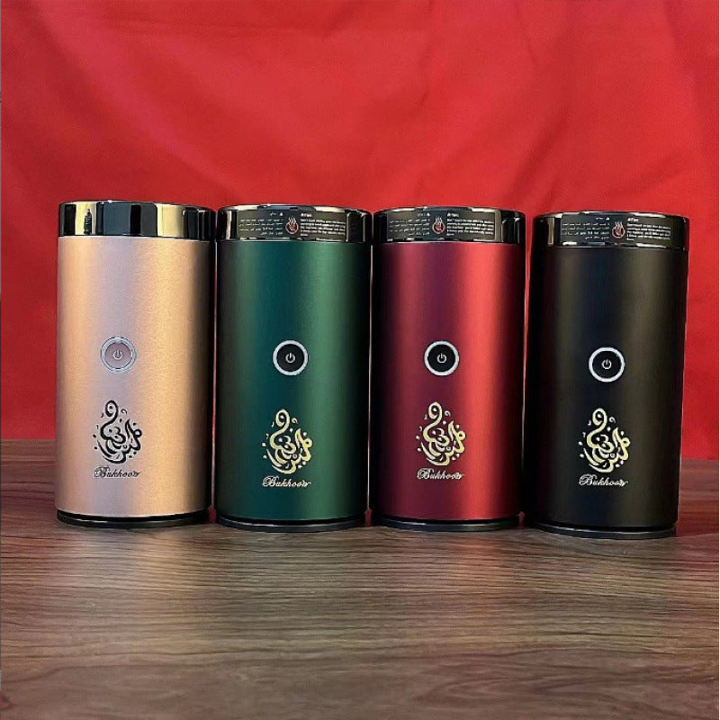 The Bluetooth Bakhoor Burner electric incense burner by SmartMuslim, set of four in rose gold, green, red and black.