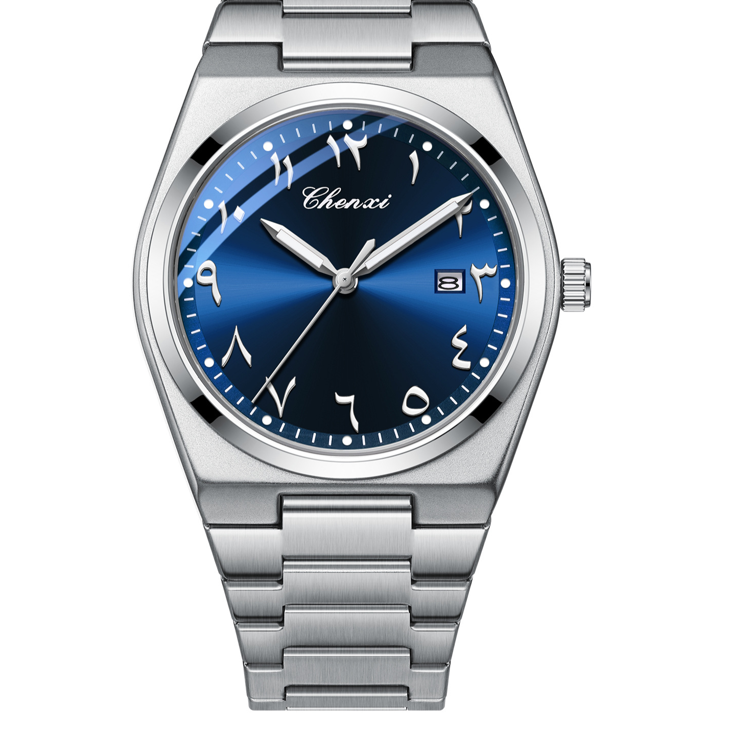SmartMuslim Arabic Classic Watch with blue dial and stainless-steel bracelet.
