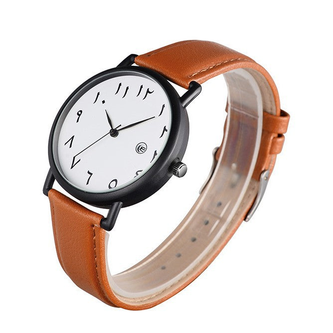 Men's watch with Arabic dial by SmartMuslim, black case and brown leather strap