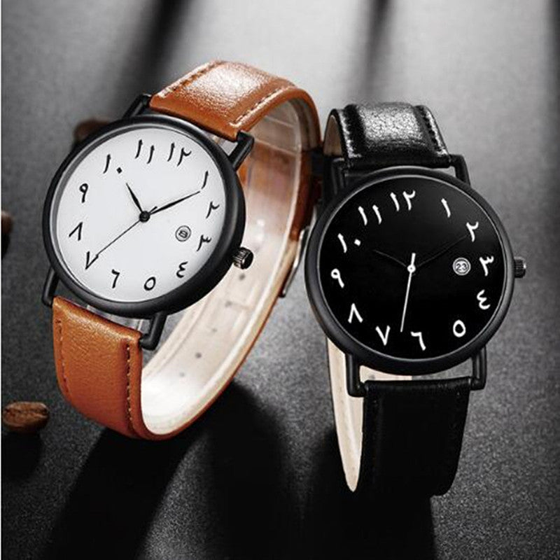 Men's Watch with Arabic Dial by SmartMuslim; two watches: white dial with brown leather and black dial with black strap.
