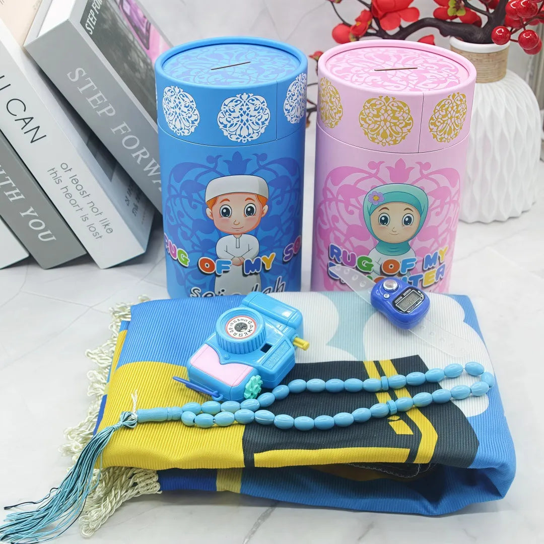 SmartMuslim Little Muslim Starter Set: blue and pink kids prayer tins with tasbih beads, timer, and colorful prayer mat.