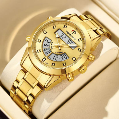 Muslim Watch by SmartMuslim, gold-tone Islamic watch with digital-analog display, waterproof.