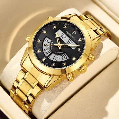 Muslim watch, gold-tone stainless steel with black dial and digital displays, waterproof SmartMuslim