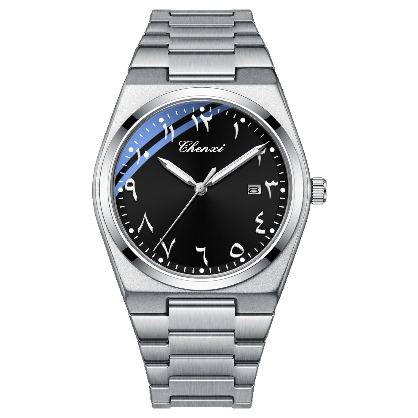 Arabic Classic Watch by SmartMuslim, stainless steel bracelet, black dial with Arabic numerals and date window.