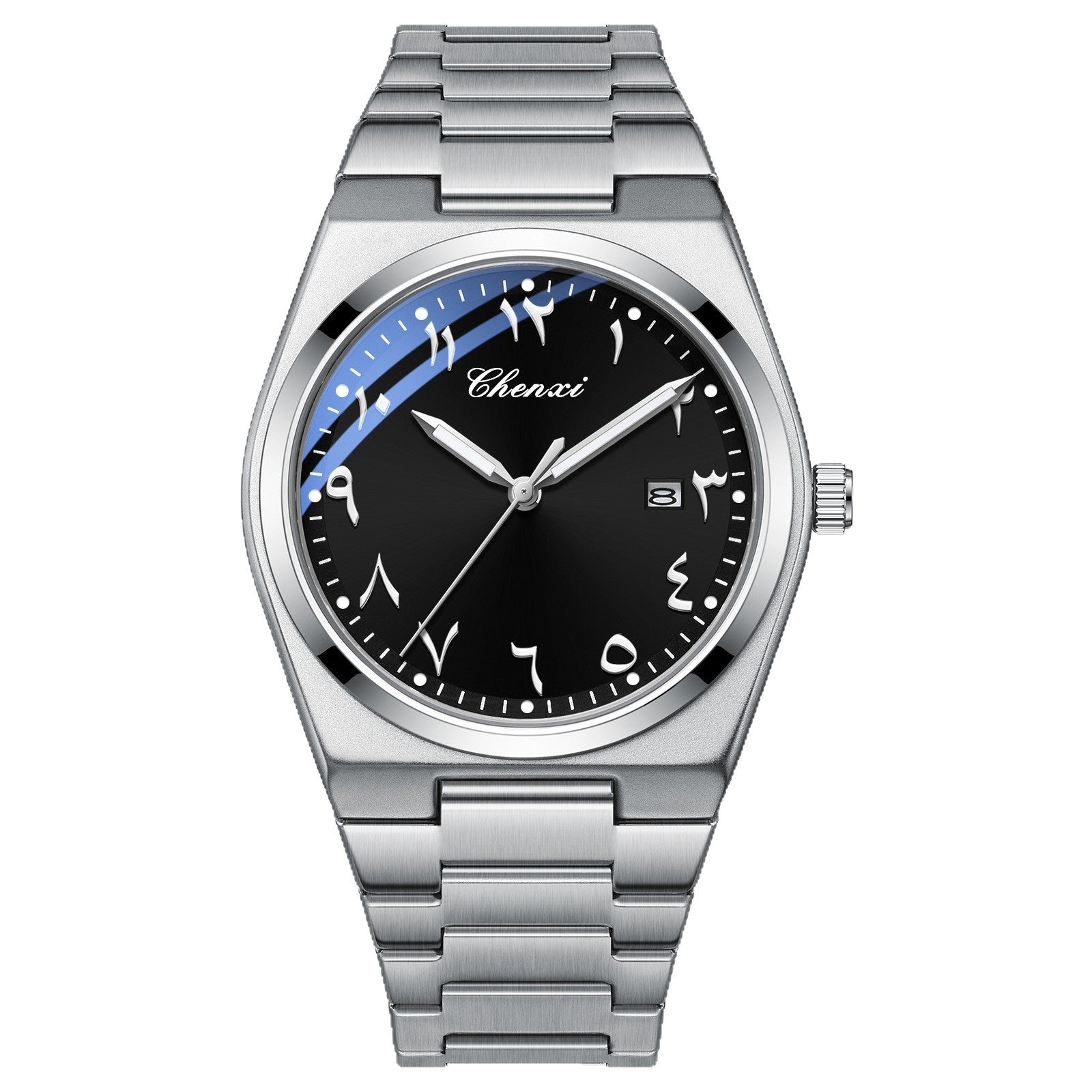 Arabic Classic Watch by SmartMuslim, stainless steel bracelet, black dial with Arabic numerals and date window.