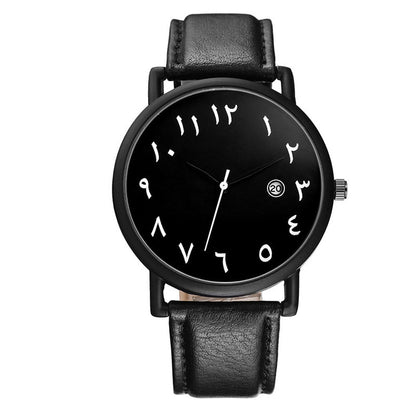 Men's Islamic watch with Arabic dial, black face and black leather strap, SmartMuslim.