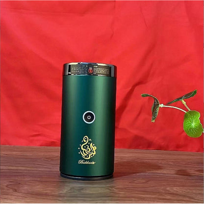 The Bluetooth Bakhoor Burner by SmartMuslim, green electric incense burner with circular power button