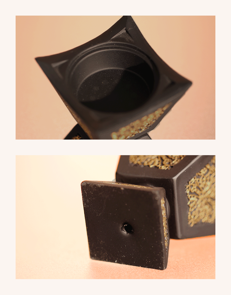 Arabic bakhoor burner with gold decorative panels; open top chamber and base with hole
