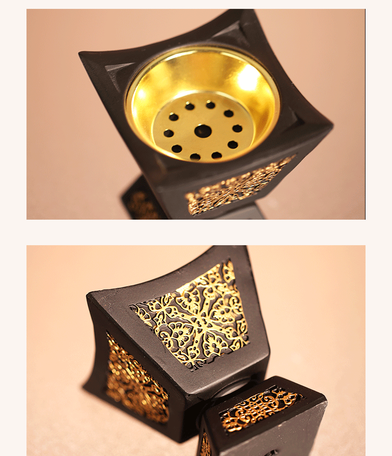 Arabic Bakhoor Burner set by SmartMuslim in black with gold lattice panels and brass perforated tops