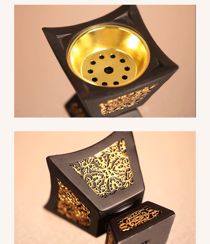 Arabic Bakhoor Burner set by SmartMuslim in black with gold lattice panels and brass perforated tops