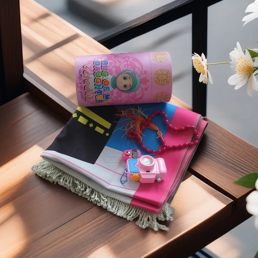 Little Muslim Starter Set; pink kids' Salah kit with toy camera, pink beaded necklace, and illustrated booklet