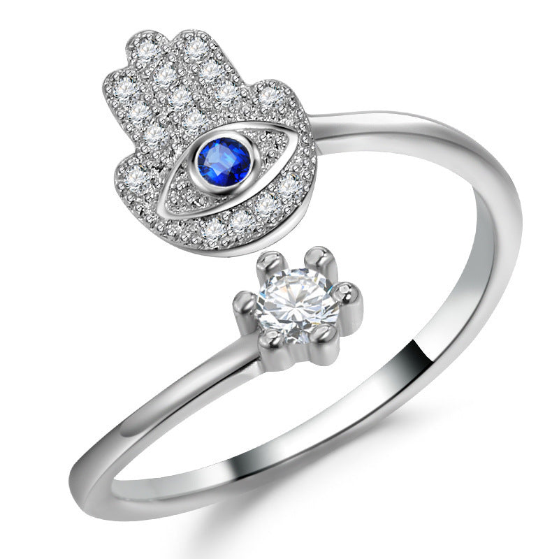 Evil Eye Protection Ring, silver-tone Islamic ring featuring a hamsa hand with blue eye centerpiece by SmartMuslim
