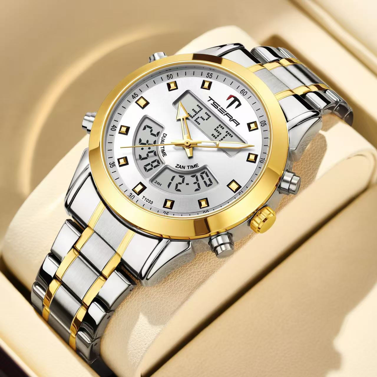 Muslim Watch by SmartMuslim, two-tone gold and silver stainless steel bracelet with analog-digital display.