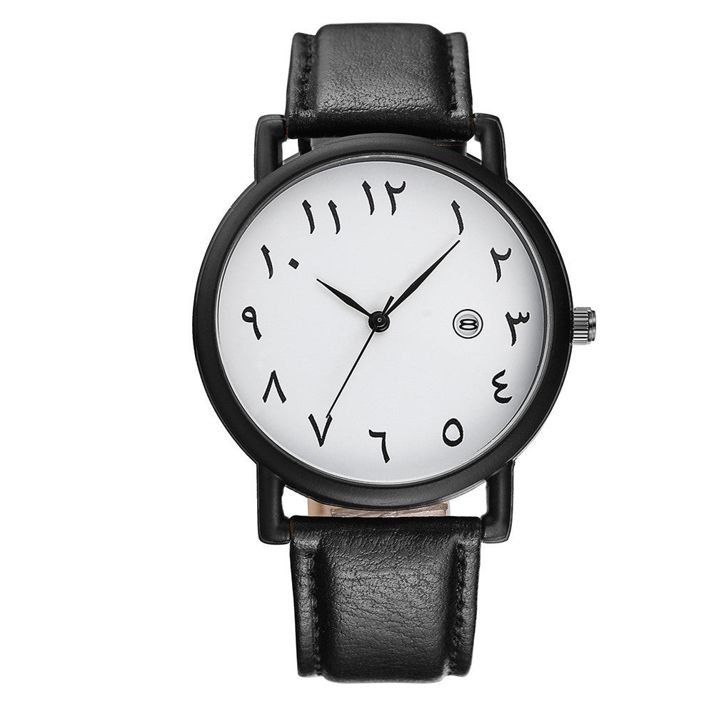 Men's Islamic watch with Arabic dial, white face, black case and black leather strap.