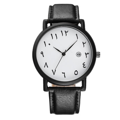 Men's Islamic watch with Arabic dial, white face, black case and black leather strap.