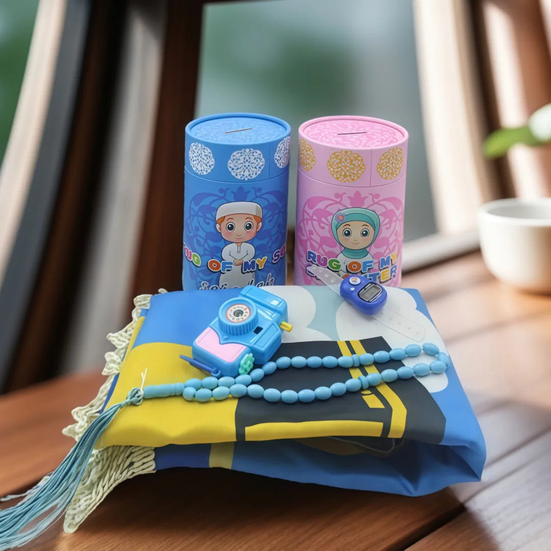 Little Muslim Starter Set by SmartMuslim: two blue and pink kids prayer jars with beads, timer, and a folded prayer mat.
