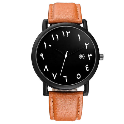 Men's Islamic watch with Arabic numeral dial, black face, and tan leather strap.