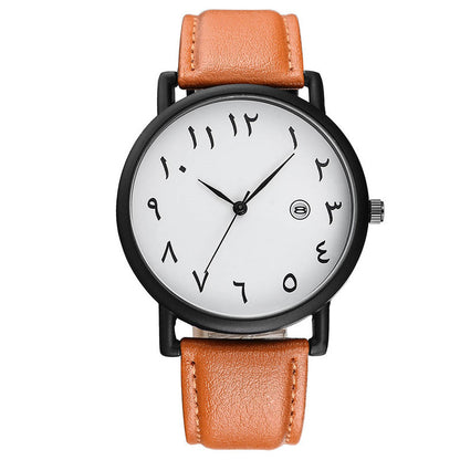 Men's watch with Arabic numerals, black case, white dial, brown leather strap