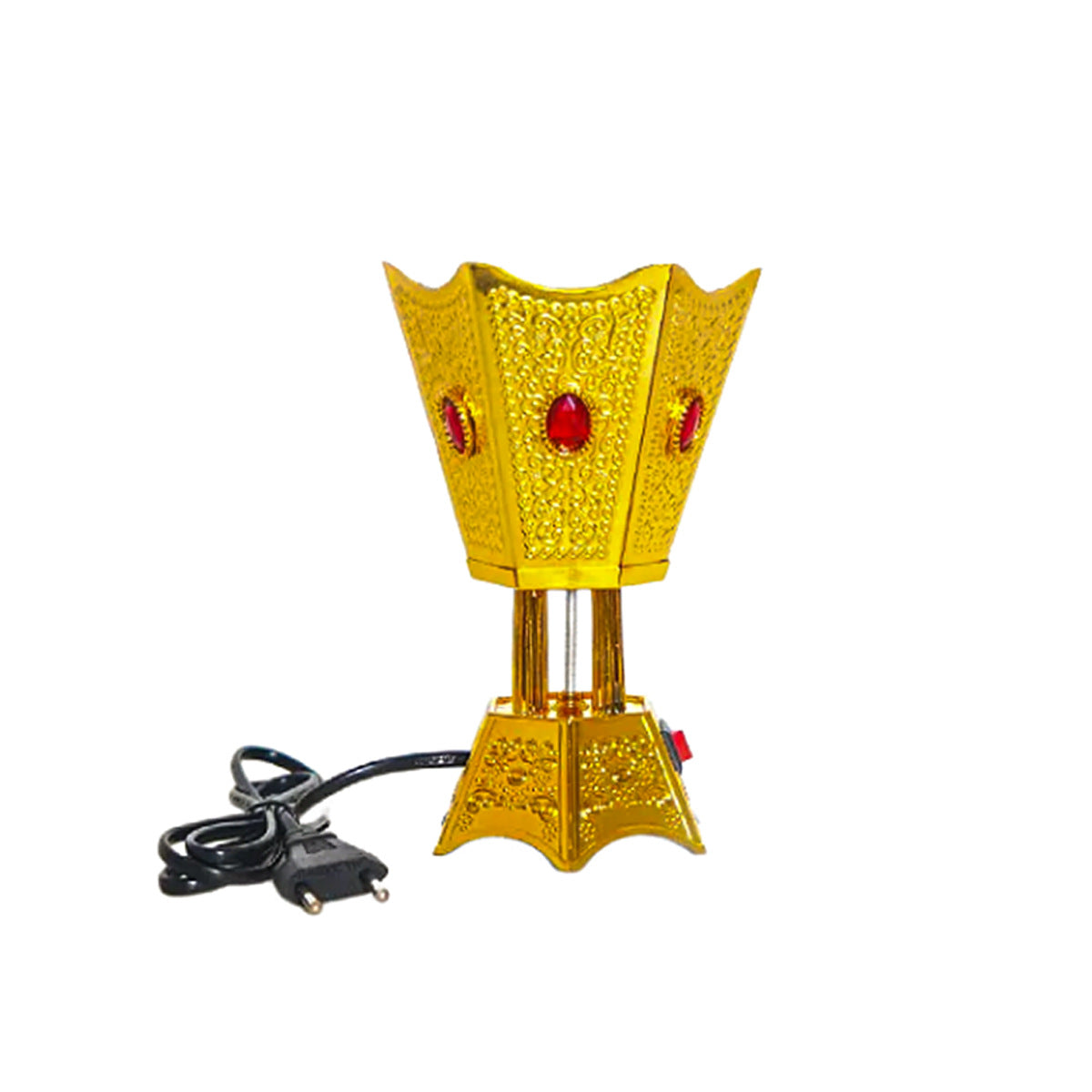 Premium plug-in bakhoor burner, gold-toned ornate metal with red gem accents.
