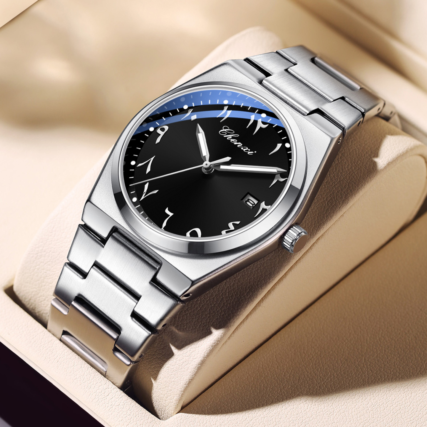 Arabic Classic Watch by SmartMuslim, stainless steel bracelet with black dial