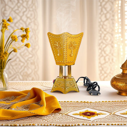 Premium plug-in bakhoor burner, gold-toned metal with ornate studded panels